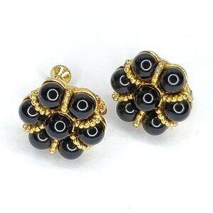 Vintage Napier Black Ball Goldtone Wreath Earrings Screwback 3/4"